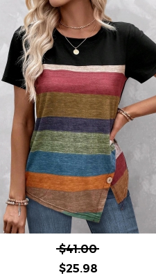 ROTITA Patchwork Striped Black Round Neck T Shirt