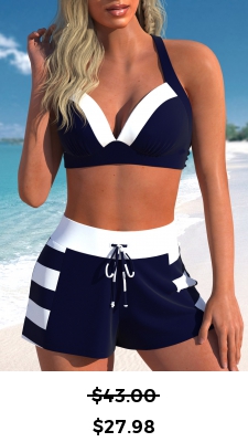 ROTITA Patchwork Navy Striped High Waisted Bikini Set
