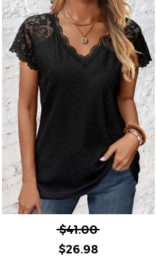 ROTITA Lace Black V Neck Short Sleeve T Shirt