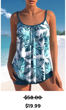 ROTITA Peacock Blue Tropical Print Tie Front Tankini Set