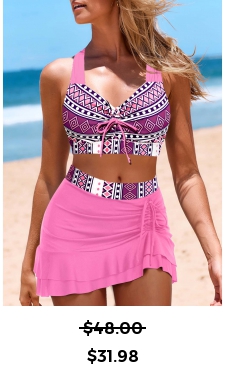 ROTITA Drawstring Pink Geometric Print Mid Waisted Bikini Set