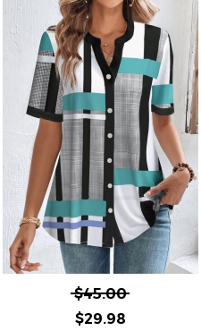 ROTITA Button Geometric Print White Split Neck Blouse