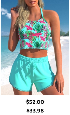 ROTITA Tassel Cyan Floral Print High Waisted Bikini Set