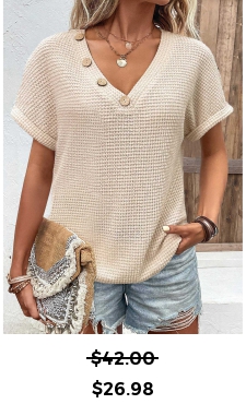 ROTITA Button Beige V Neck Short Sleeve T Shirt