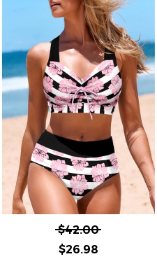 ROTITA Criss Cross Black Striped Mid Waisted Bikini Set
