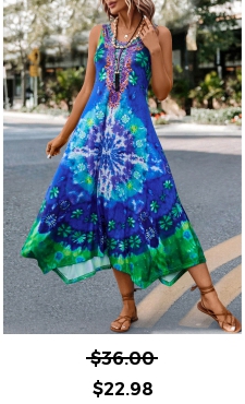 Asymmetry Tie Dye Print Blue H Shape Dress