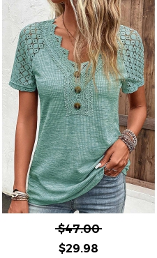 ROTITA Lace Green V Neck Short Sleeve T Shirt