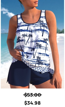 ROTITA Patchwork Navy Tropical Plants Print Tankini Set