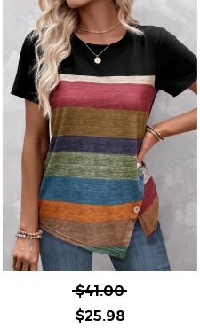 ROTITA Patchwork Striped Black Round Neck T Shirt