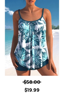 ROTITA Peacock Blue Tropical Print Tie Front Tankini Set