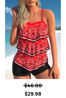 ROTITA Asymmetry Red Paisley Print Tankini Top