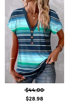 ROTITA Button Striped Peacock Blue V Neck T Shirt