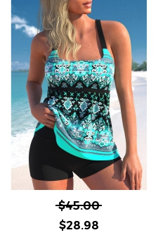 ROTITA Tribal Print Wide Strap Cyan Tankini Top