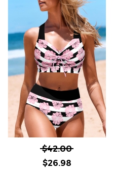 ROTITA Criss Cross Black Striped Mid Waisted Bikini Set