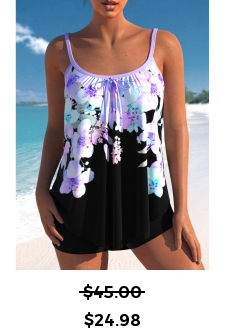 ROTITA Floral Print Bowknot Light Purple Tankini Top