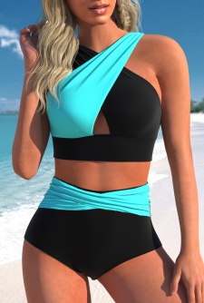ROTITA Contrast Criss Cross Cyan Bikini Top