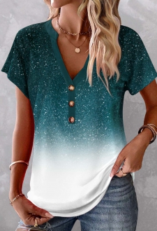 ROTITA Button Ombre Turquoise V Neck Short Sleeve Blouse