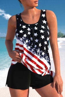 ROTITA Bowknot Black American Flag Print Tankini Set