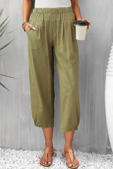 Pocket Olive Green Regular Elastic Waist Pants