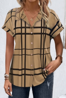ROTITA Button Plaid Dark Coffee Shirt Collar Blouse
