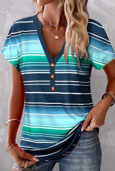 ROTITA Button Striped Peacock Blue V Neck T Shirt
