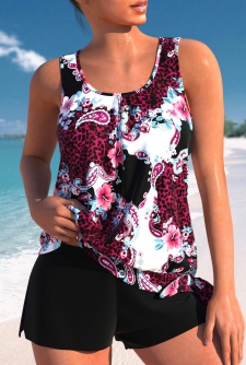 ROTITA Bowknot Black Floral Print Mid Waisted Tankini Set