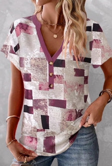 ROTITA Button Geometric Print Multi Color T Shirt