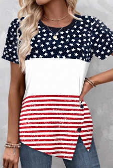 ROTITA Asymmetry Flag Print Multi Color T Shirt