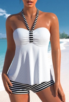 ROTITA Drawstring White Striped High Waisted Tankini Set