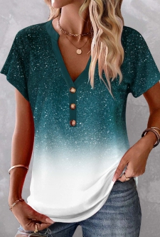 ROTITA Button Ombre Turquoise V Neck Short Sleeve Blouse
