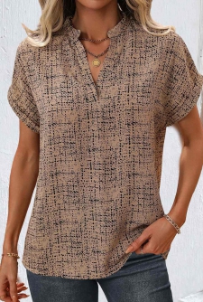 ROTITA Split Geometric Print Light Coffee Short Sleeve Blouse