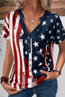 ROTITA Button American Flag Print Multi Color T Shirt