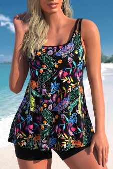 ROTITA Black Floral Print Scoop Neck Tankini Top