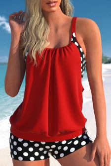 ROTITA Fake 2in1 Red Polka Dot Tankini Top