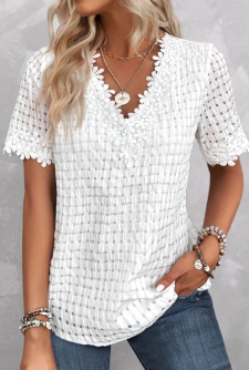 ROTITA Embroidery White V Neck Short Sleeve Blouse