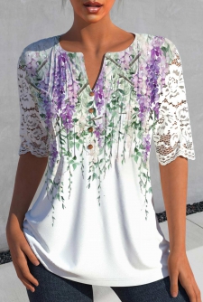 ROTITA Lace Floral Print White Split Neck Blouse