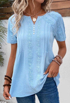 ROTITA Patchwork Light Blue Split Neck Short Sleeve Blouse