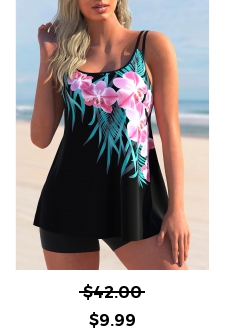 ROTITA Black Double Straps Floral Print Tankini Top