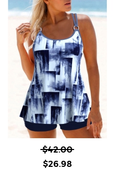 ROTITA Metal Ring Navy Geometric Print Tankini Top