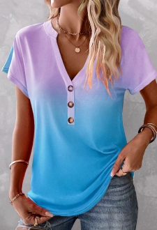 ROTITA Button Ombre Sky Blue Split Neck T Shirt