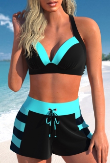 ROTITA Patchwork Black Striped High Waisted Bikini Set
