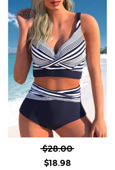 ROTITA Criss Cross Navy Striped Bikini Top