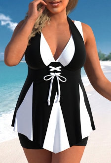 ROTITA Lace Up Black Plus Size Swimdress Top