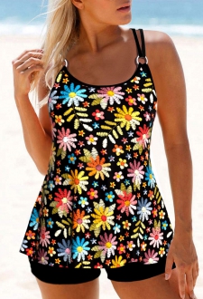 ROTITA Circular Ring Black Floral Print Tankini Top