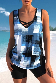 ROTITA Criss Cross Denim Blue Geometric Print Tankini Top