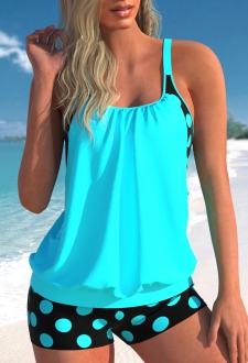 ROTITA Fake 2in1 Cyan Polka Dot Tankini Top