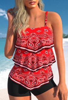 ROTITA Asymmetry Red Paisley Print Tankini Top