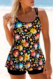 ROTITA Circular Ring Black Floral Print Tankini Top