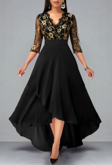 ROTITA Black Floral Lace Patchwork High Low Dress