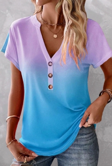 ROTITA Button Ombre Sky Blue Split Neck T Shirt